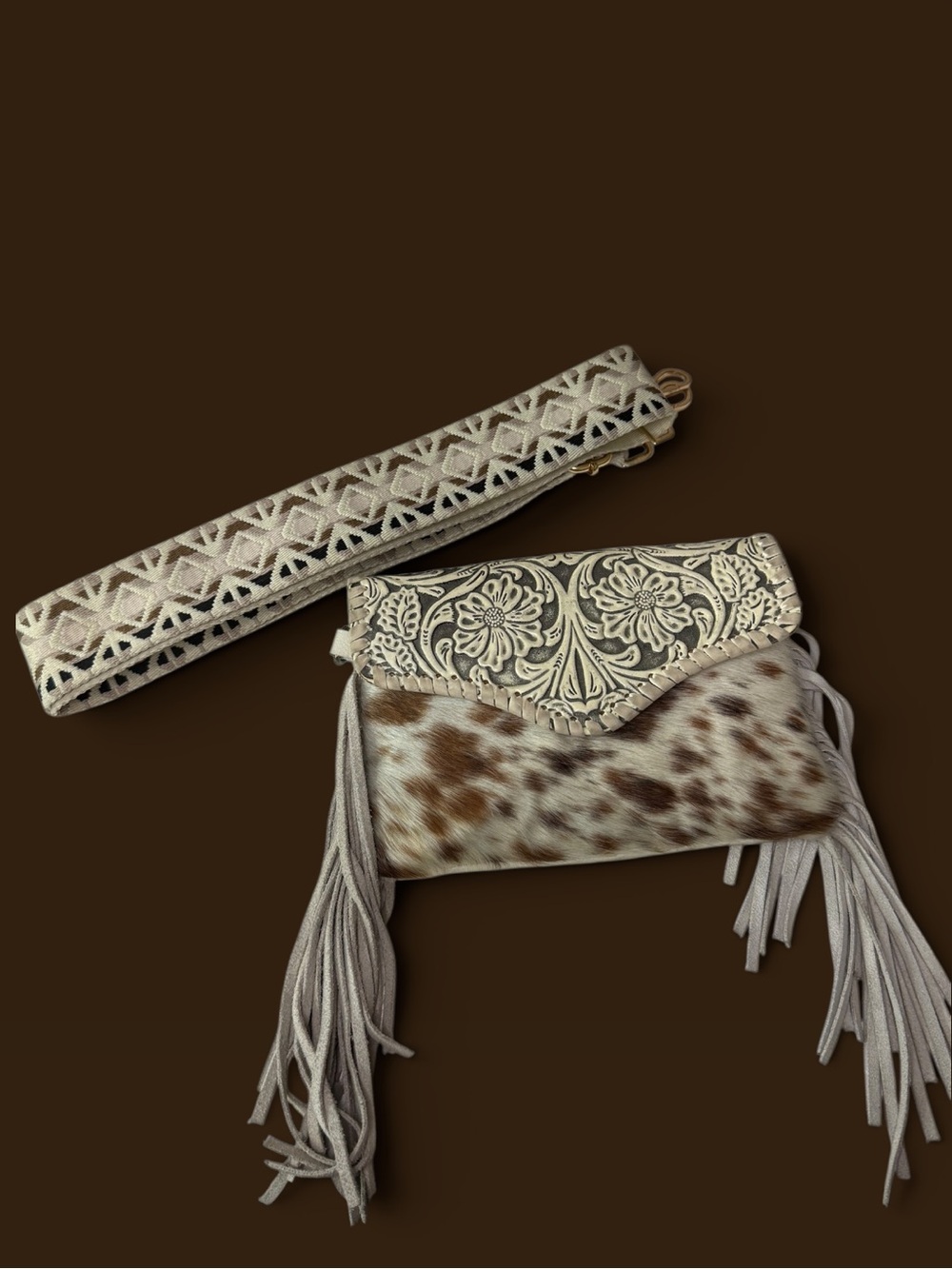 Handcrafted Ivory Tooled Leather & Cowhide Fringe Crossbody Bag